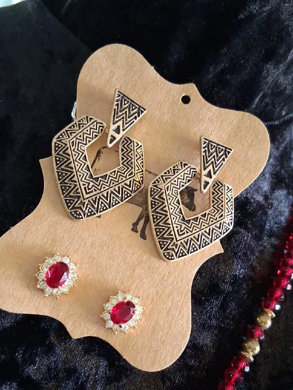 Gold & Ruby Glass Crystal Cut Beaded Tassel Necklace w Matching Earrings 32+2 In - Picture 2 of 9